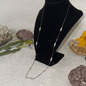 Vintage Gold Tone Glass Faux Seed Pearl Long Chain Necklace Dainty Layering 29”